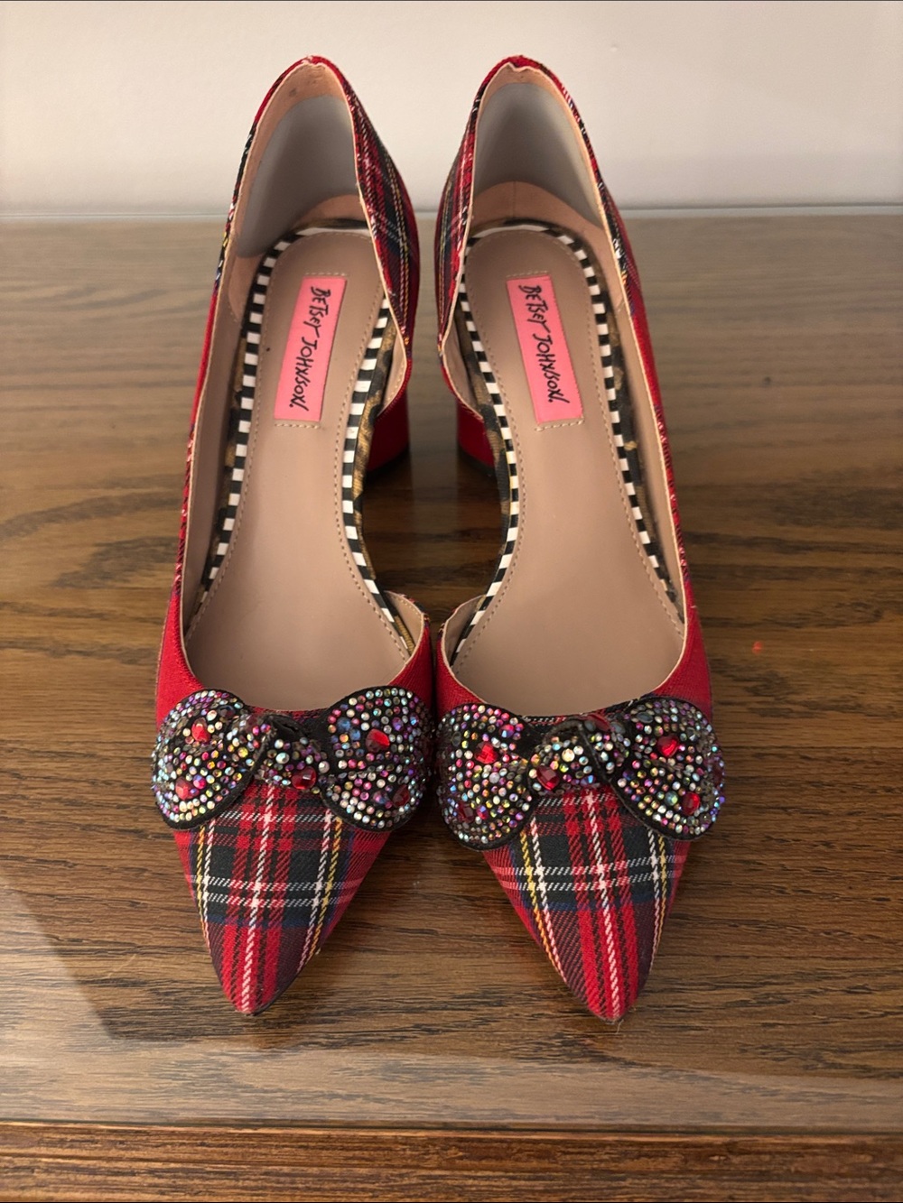 Betsey Johnson Red Plaid Pointed Toe Heels with Multicolor Beaded Bow Accent